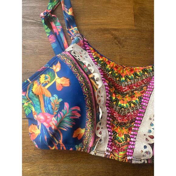 Lateen Swimwear Wild Jungle Beaded Bikini Top Sz Medium Removeable Padding Boho - Picture 8 of 9